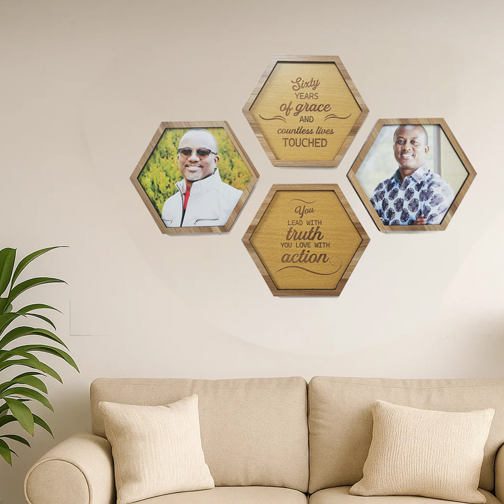 Premium Hexagon Wooden Photo & Quote Wall Set ( 4 x 8 x 8 in)